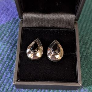 Large Teardrop Silver Post Earrings with Black Stone